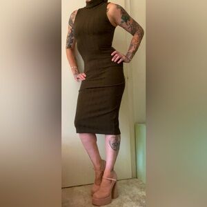 Nine West extra small midi pencil dress, sleeveless cowl turtleneck ribbed knit